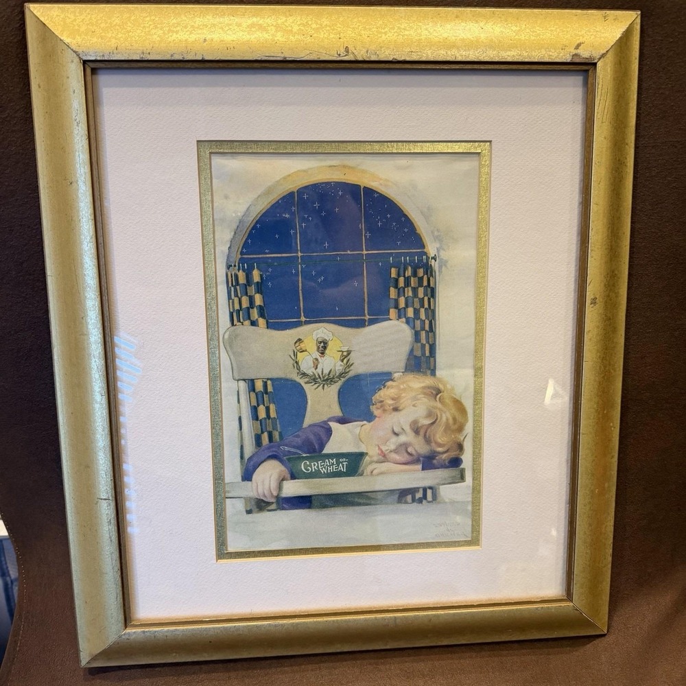 Vintage Cream of Wheat Sleeping Child Framed Advertising Print Gold Frame